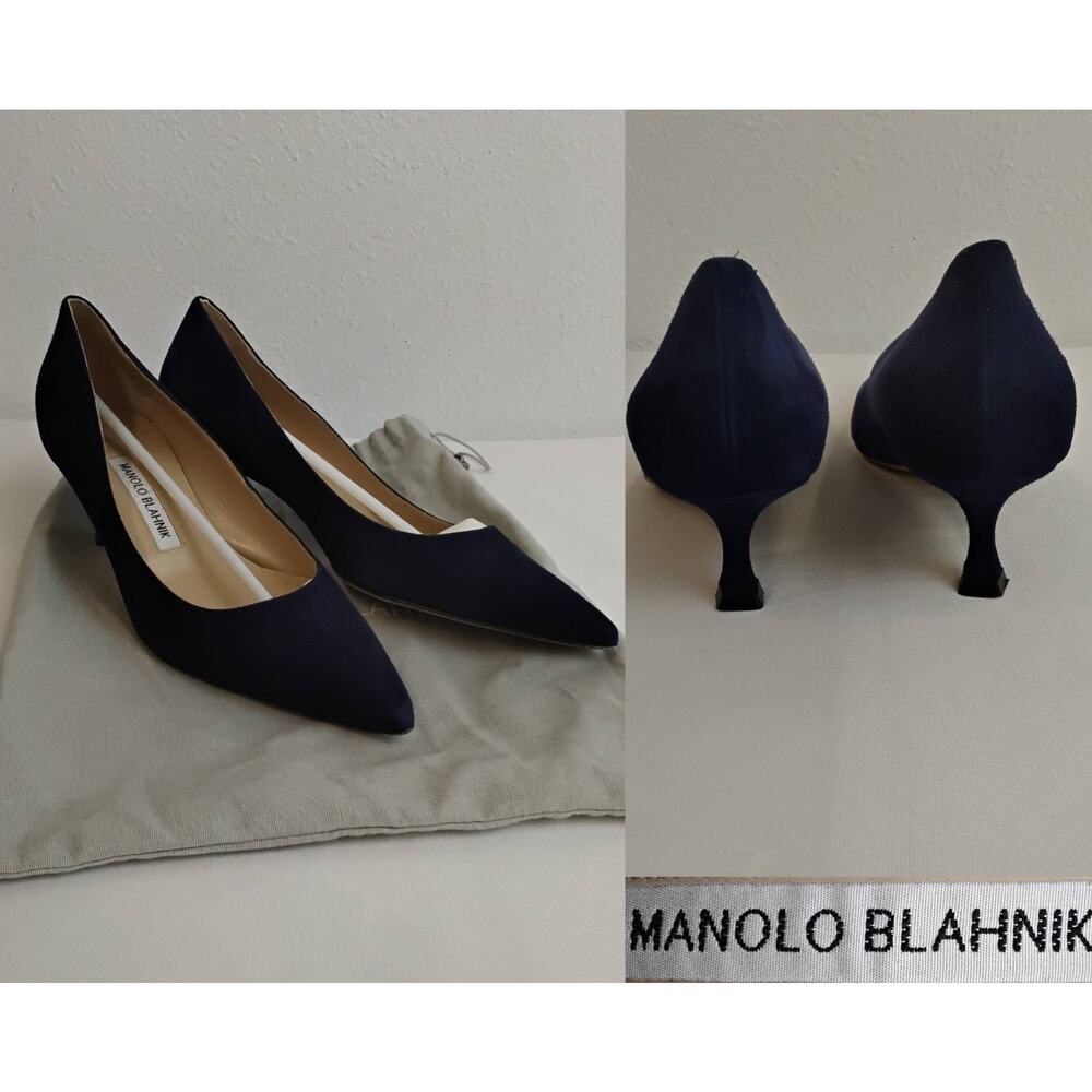 Monolo Blahnik Kitten Heels Women's 37.5 (US 7.5) Navy Blue Suede w/ Bag #J5708